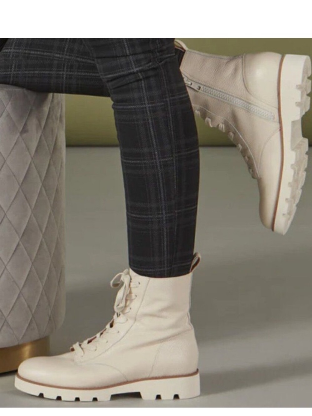 Vionic Women's Size 9 Lani Ivory Cream Leather Combat Ankle Boots